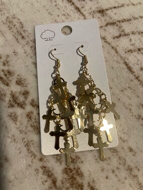 Gold Cross Dangle Earrings